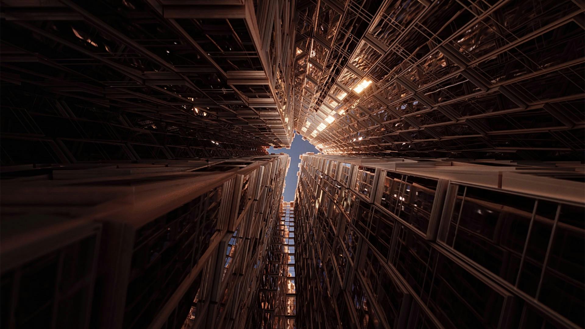 Looking up at skyscrapers