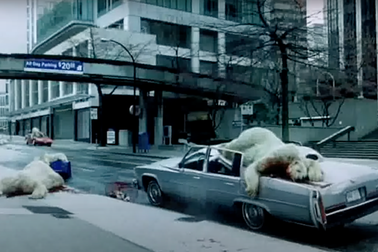 Polar bears fall out of the sky in the name of Greenpeace.