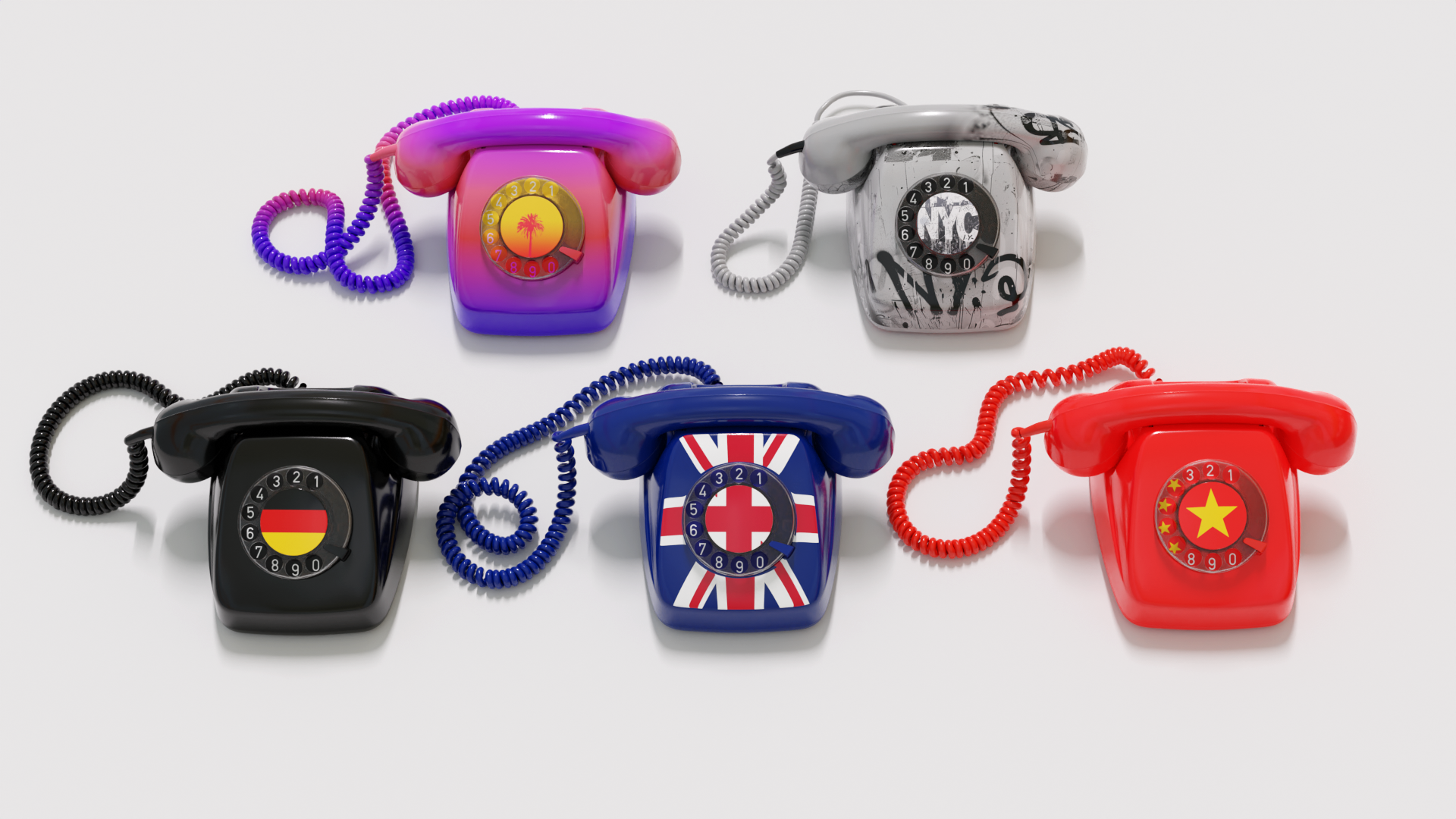 Old-school telephones with flags on them